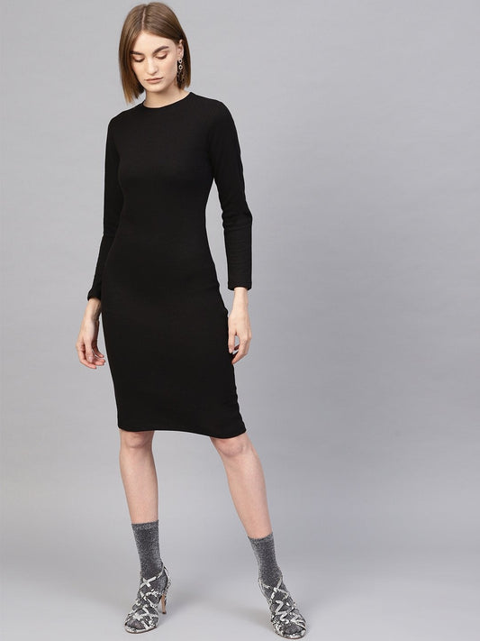 Women's Black Rib Full Sleeves Bodycon Dress