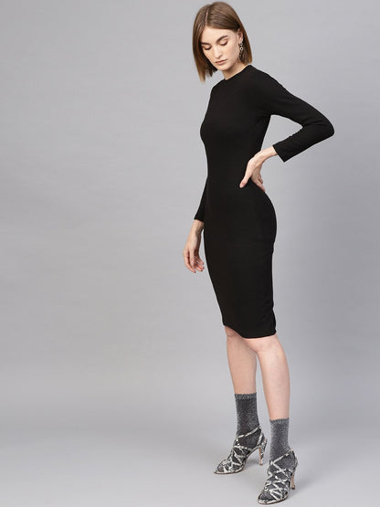 Women's Black Rib Full Sleeves Bodycon Dress