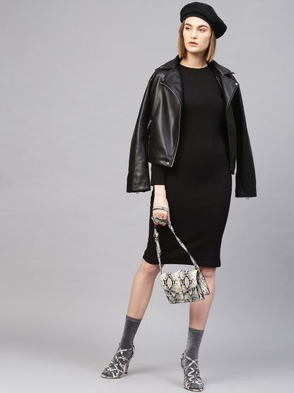 Women's Black Rib Full Sleeves Bodycon Dress