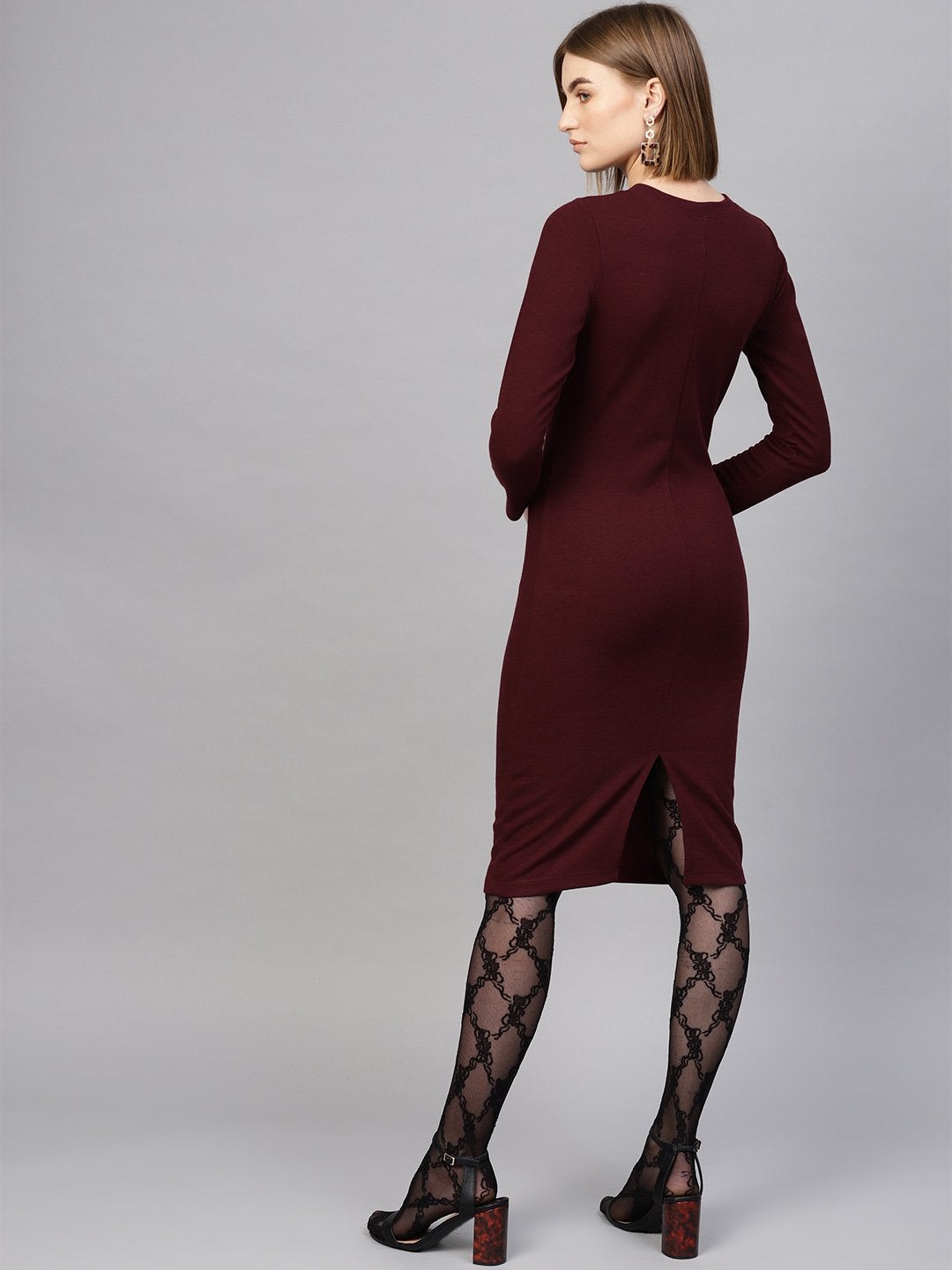 Women's Burgundy Rib Full Sleeves Bodycon Dress