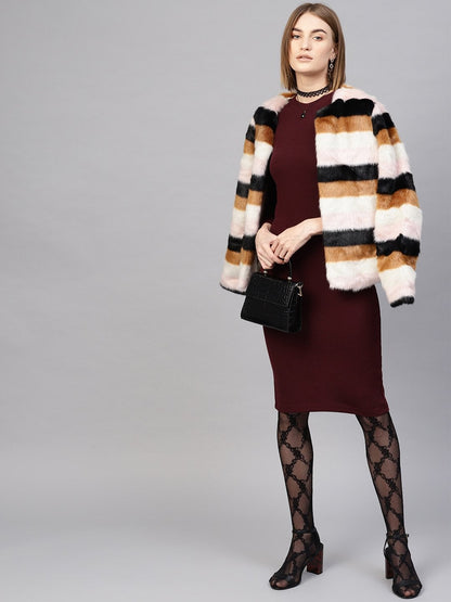 Women's Burgundy Rib Full Sleeves Bodycon Dress