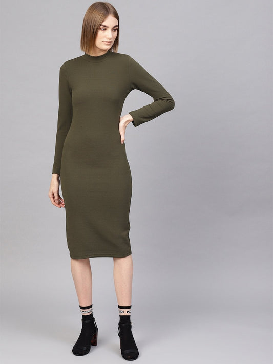 Women's Olive High Neck Bodycon Midi Dress