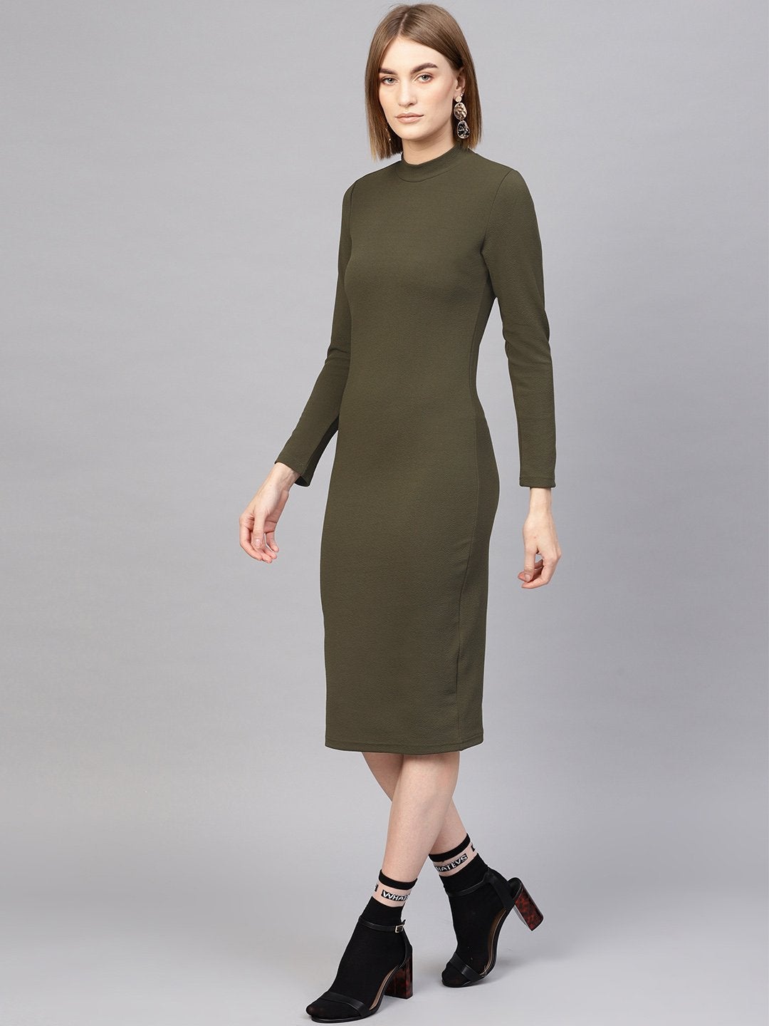 Women's Olive High Neck Bodycon Midi Dress