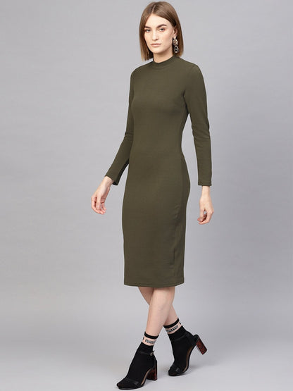 Women's Olive High Neck Bodycon Midi Dress
