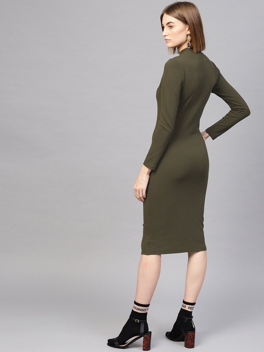 Women's Olive High Neck Bodycon Midi Dress