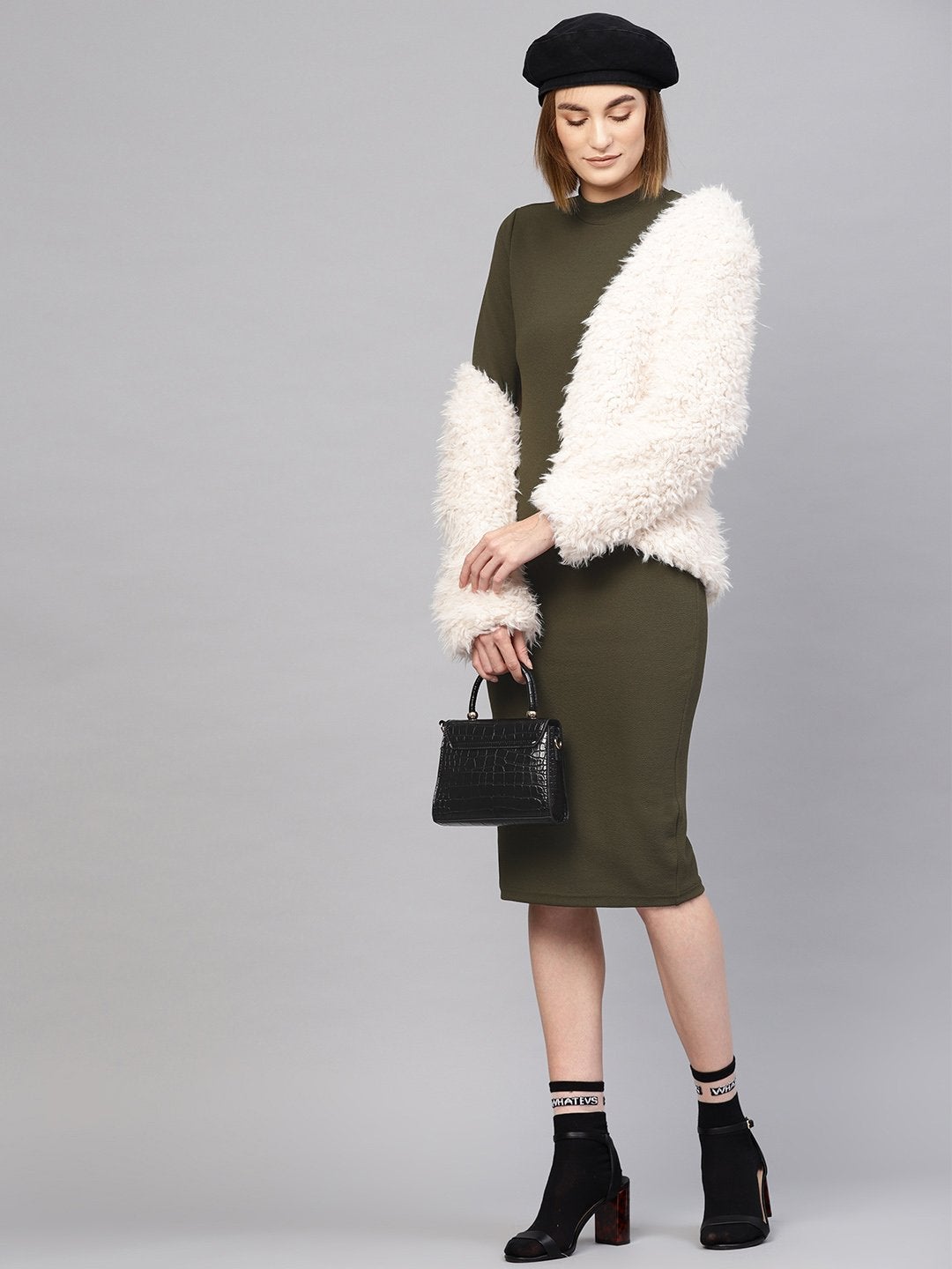 Women's Olive High Neck Bodycon Midi Dress