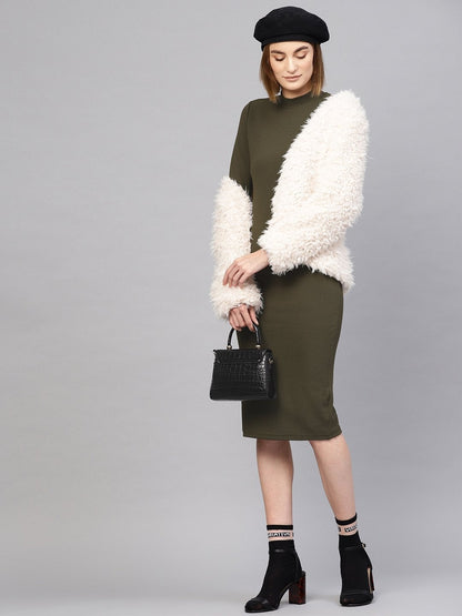 Women's Olive High Neck Bodycon Midi Dress