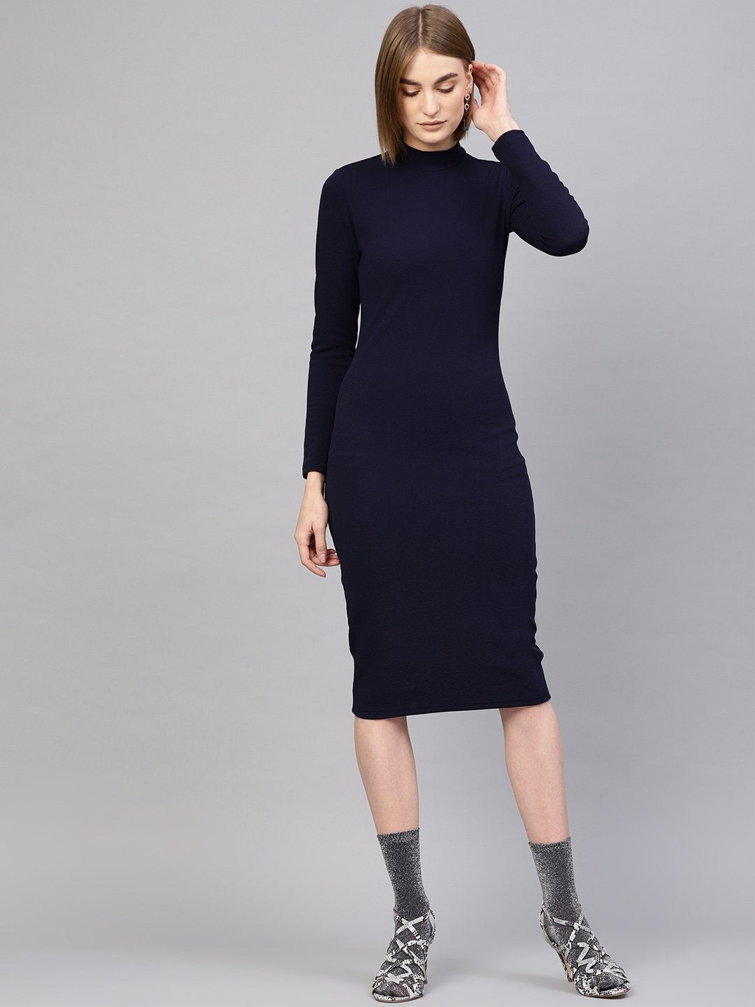 Women's Navy High Neck Bodycon Midi Dress