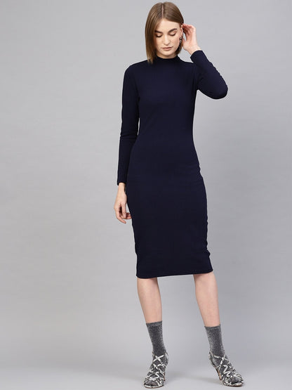 Women's Navy High Neck Bodycon Midi Dress