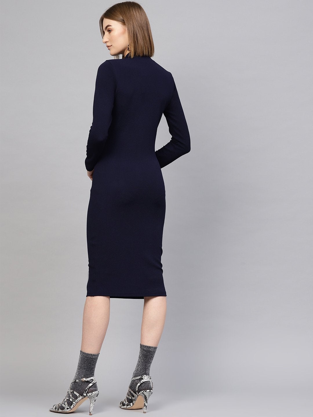 Women's Navy High Neck Bodycon Midi Dress