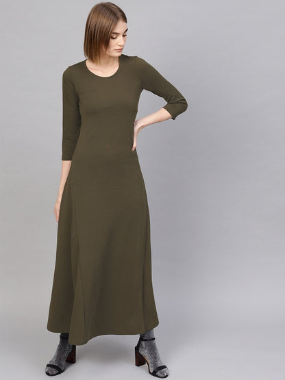 Women's Olive Round Neck Maxi Dress