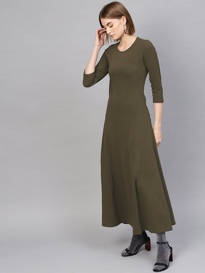 Women's Olive Round Neck Maxi Dress