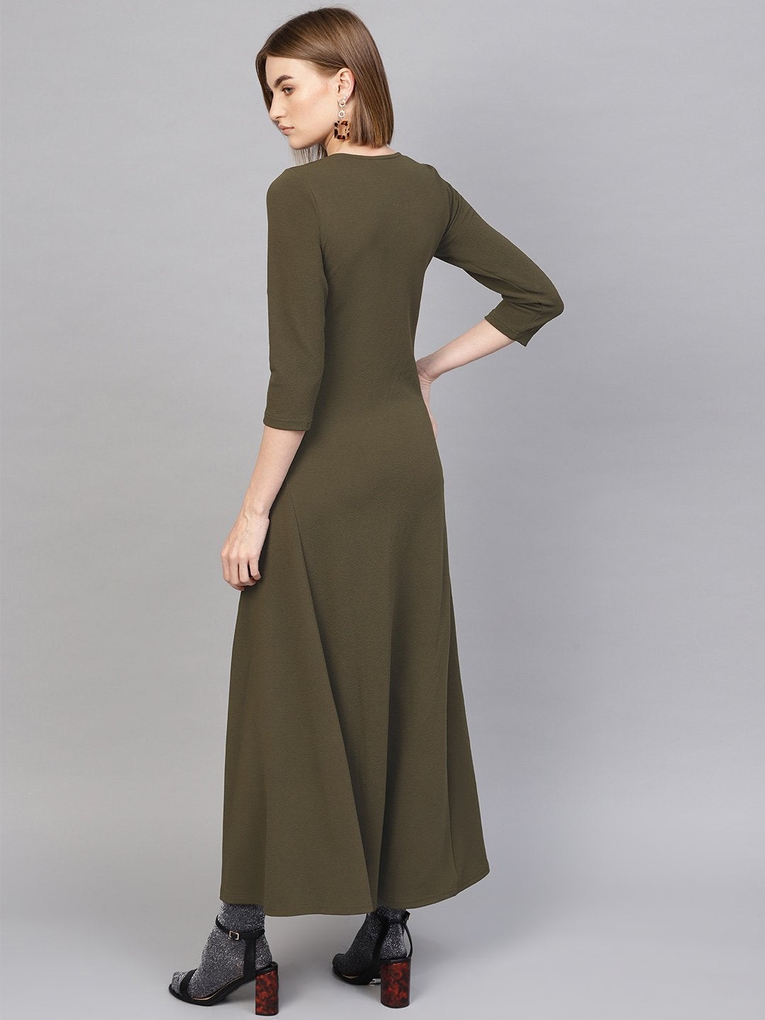 Women's Olive Round Neck Maxi Dress