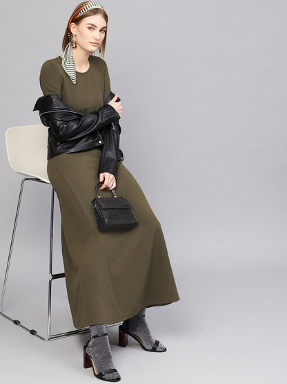 Women's Olive Round Neck Maxi Dress