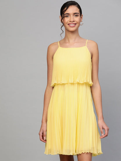 Women's Lemon Pleated Short Strappy Skater Dress