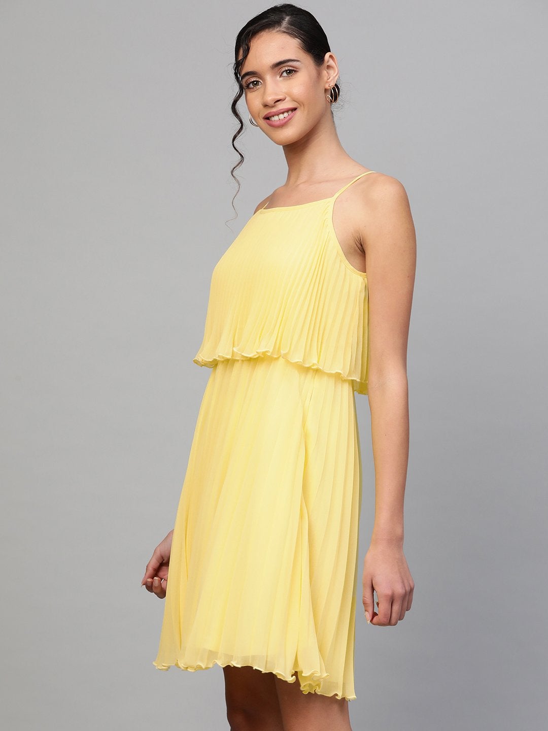 Women's Lemon Pleated Short Strappy Skater Dress
