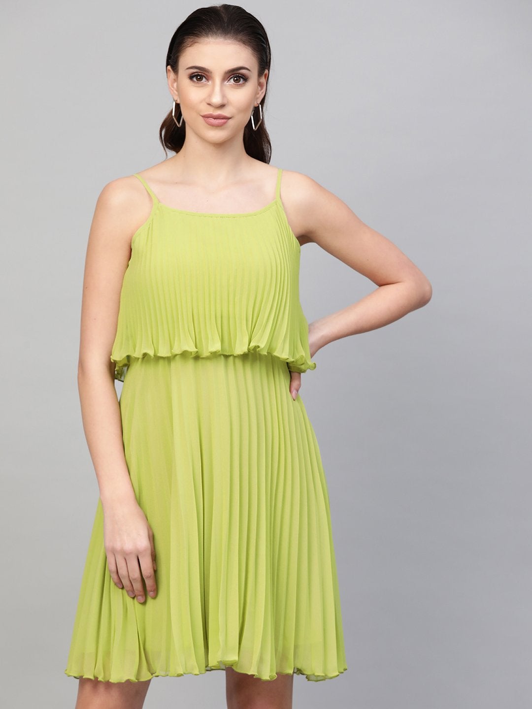 Women's Mint Green Pleated Short Strappy Skater Dress