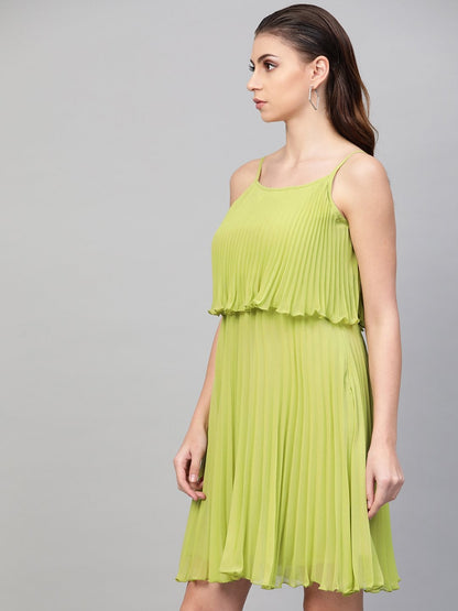 Women's Mint Green Pleated Short Strappy Skater Dress