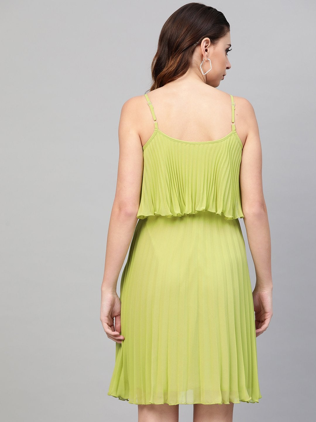 Women's Mint Green Pleated Short Strappy Skater Dress
