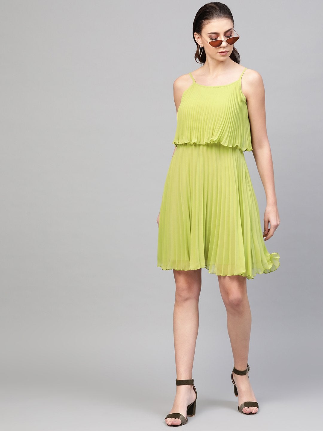 Women's Mint Green Pleated Short Strappy Skater Dress
