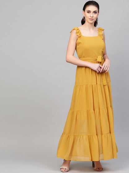 Women's Mustard Strappy Frill Tiered Maxi