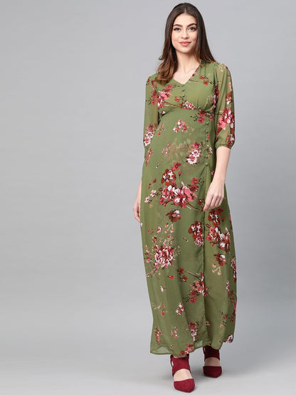 Women's Olive Floral V-Neck Floral Maxi Dress
