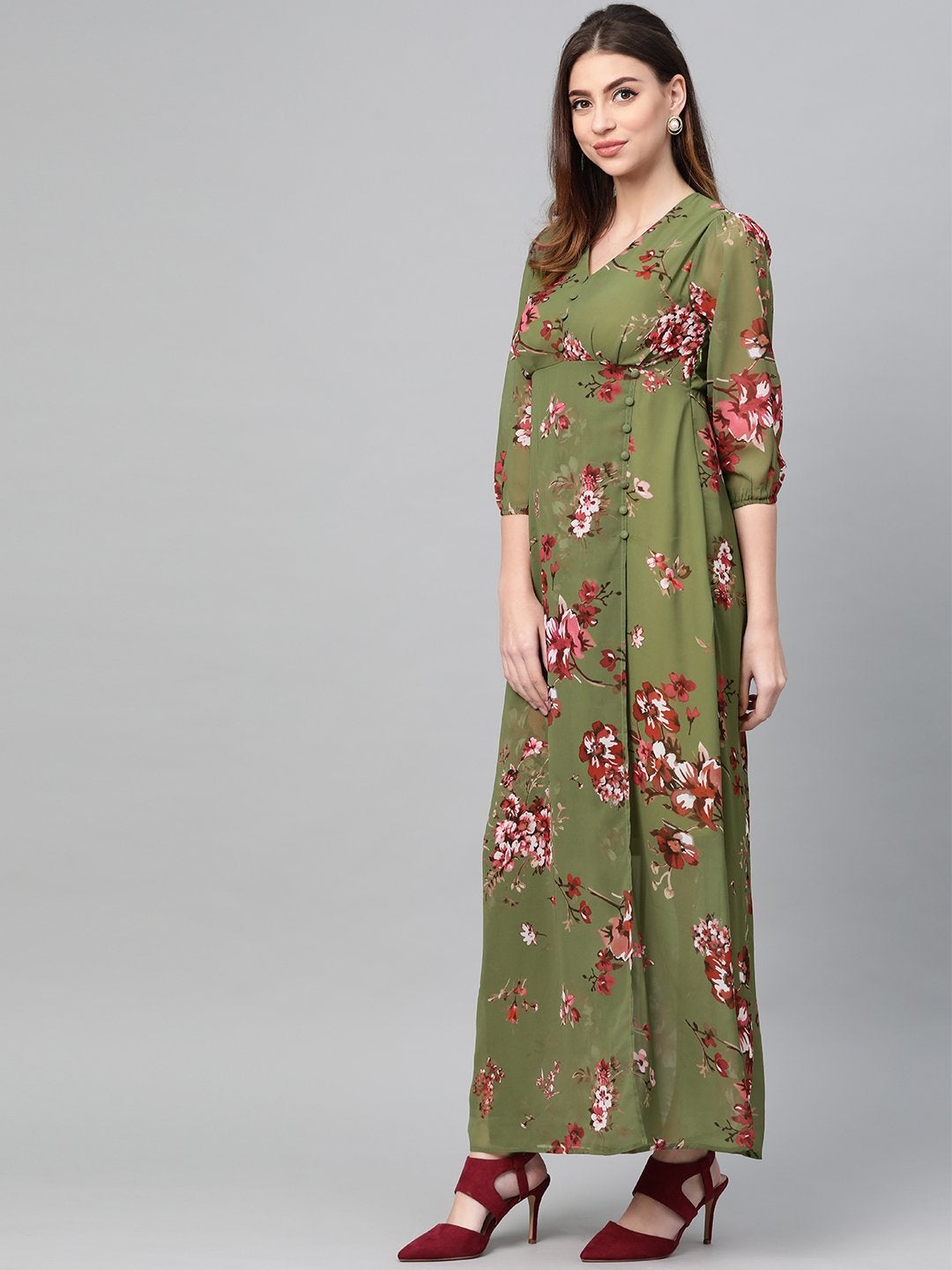 Women's Olive Floral V-Neck Floral Maxi Dress