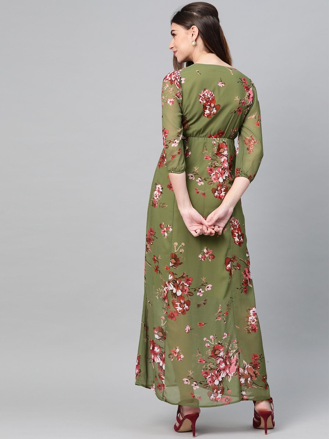 Women's Olive Floral V-Neck Floral Maxi Dress