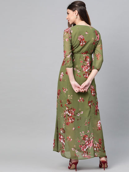 Women's Olive Floral V-Neck Floral Maxi Dress