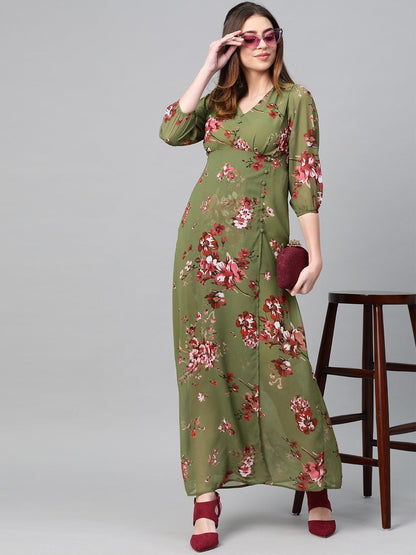 Women's Olive Floral V-Neck Floral Maxi Dress