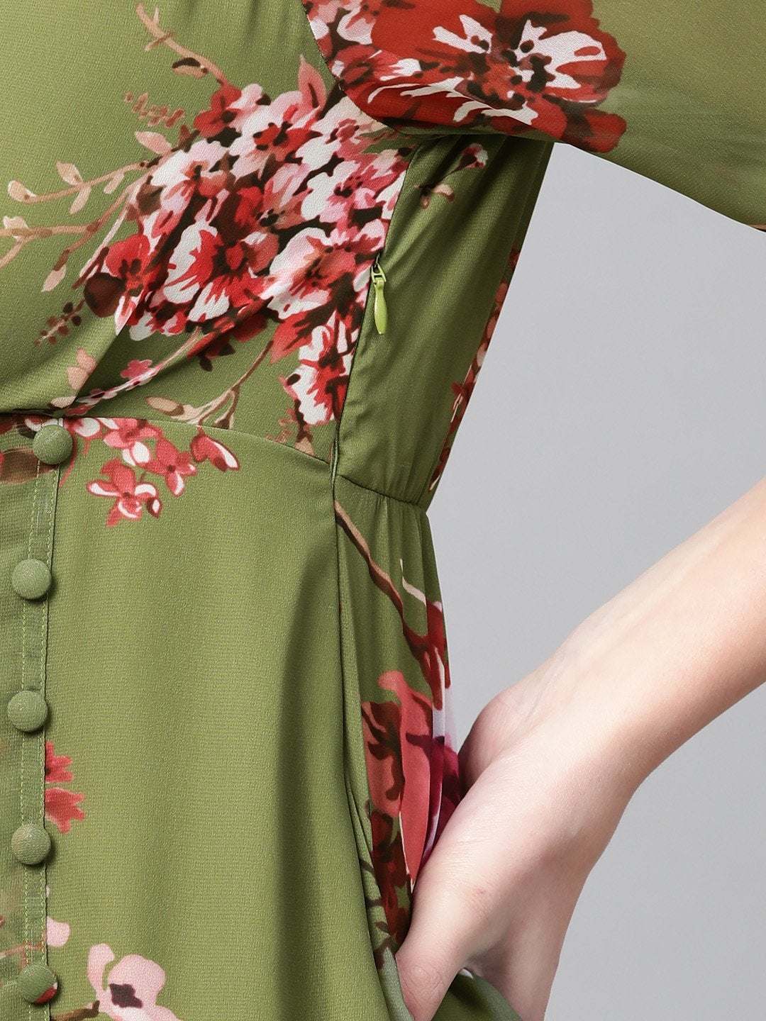 Women's Olive Floral V-Neck Floral Maxi Dress