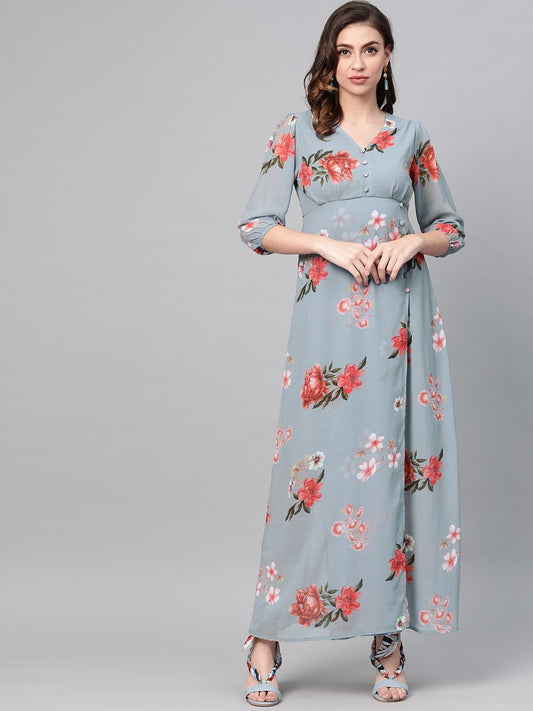 Women's Steel Blue Floral V-Neck Floral Maxi Dress