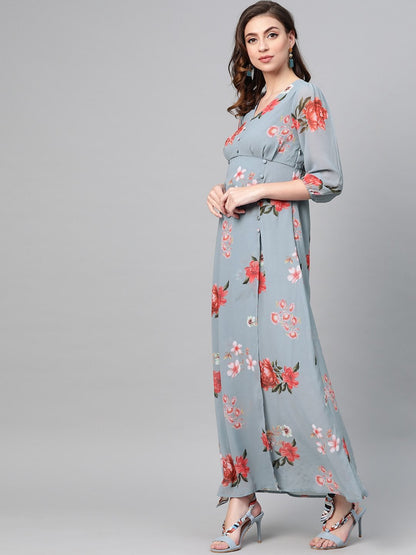 Women's Steel Blue Floral V-Neck Floral Maxi Dress