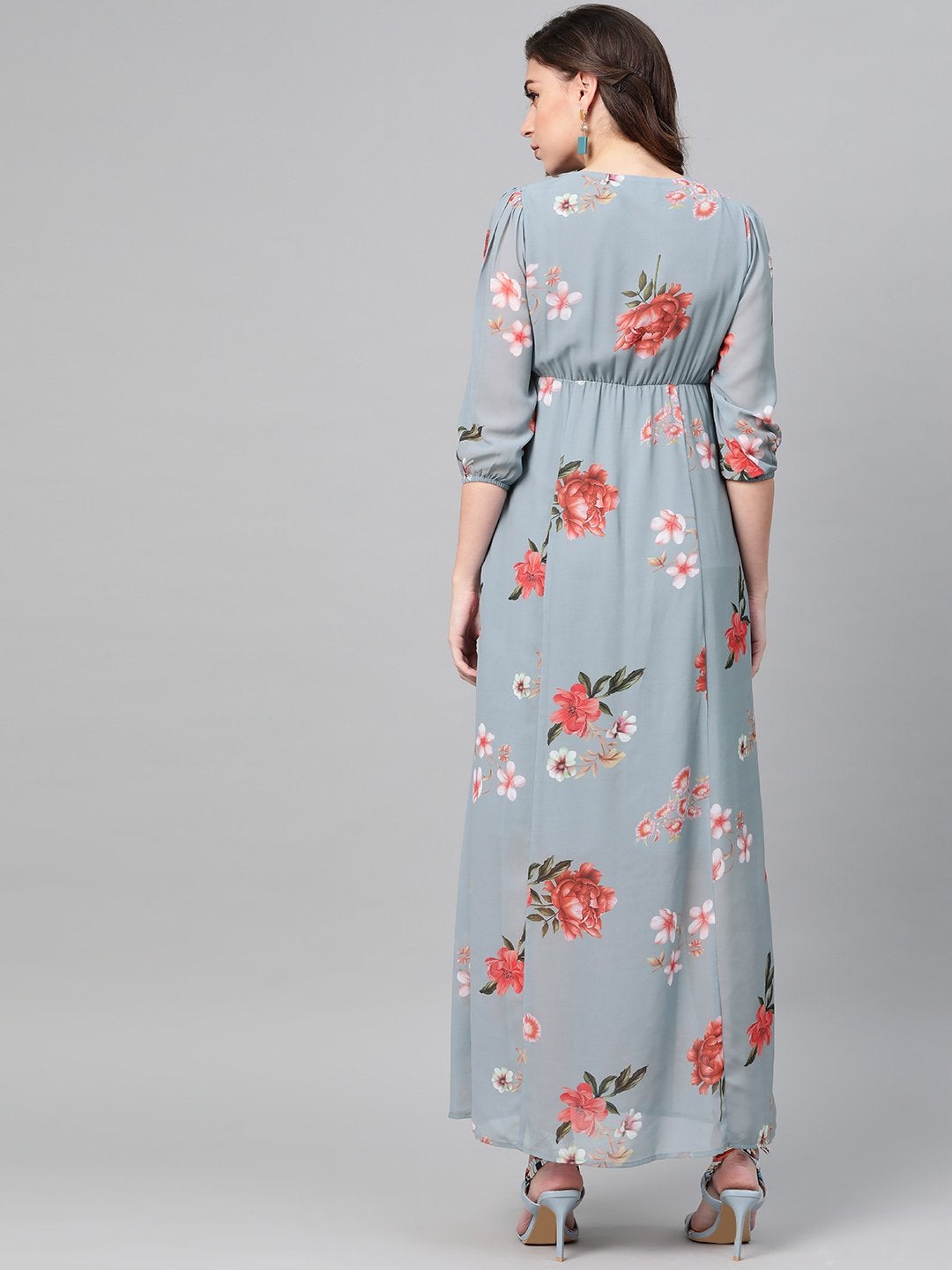Women's Steel Blue Floral V-Neck Floral Maxi Dress
