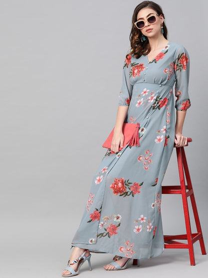 Women's Steel Blue Floral V-Neck Floral Maxi Dress