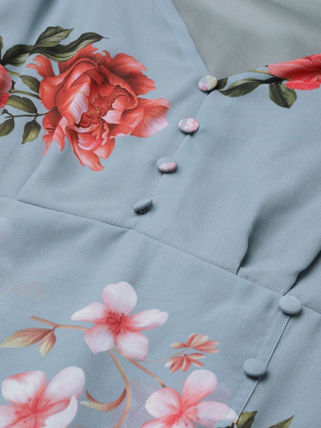 Women's Steel Blue Floral V-Neck Floral Maxi Dress