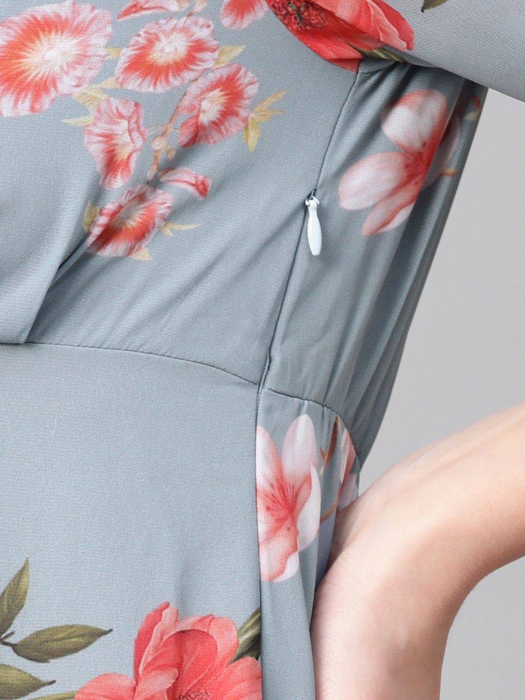 Women's Steel Blue Floral V-Neck Floral Maxi Dress