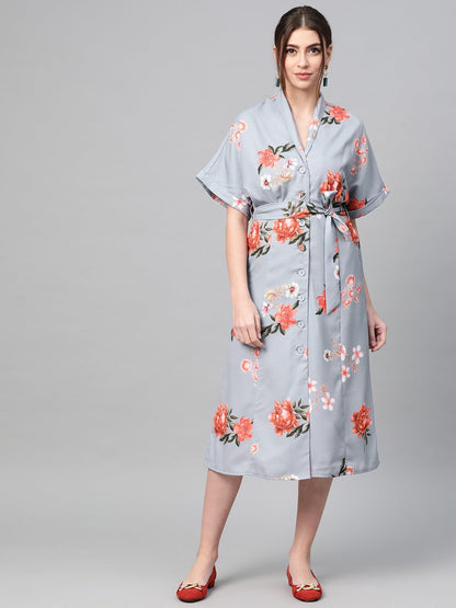 Women's Steel Blue Floral Shirt Dress