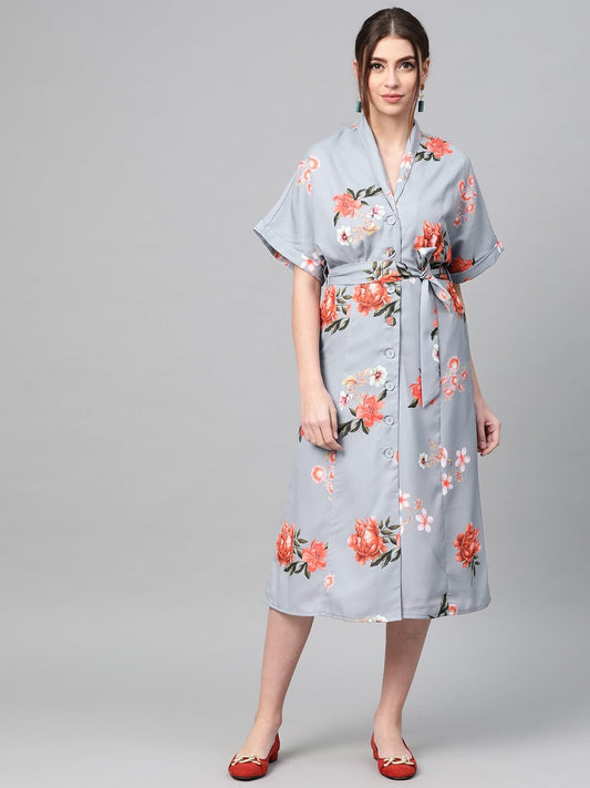Women's Steel Blue Floral Shirt Dress