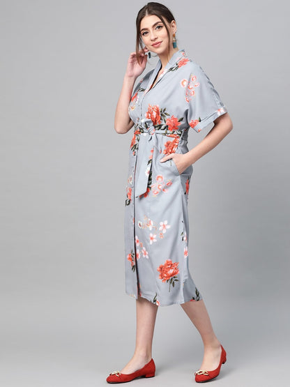 Women's Steel Blue Floral Shirt Dress
