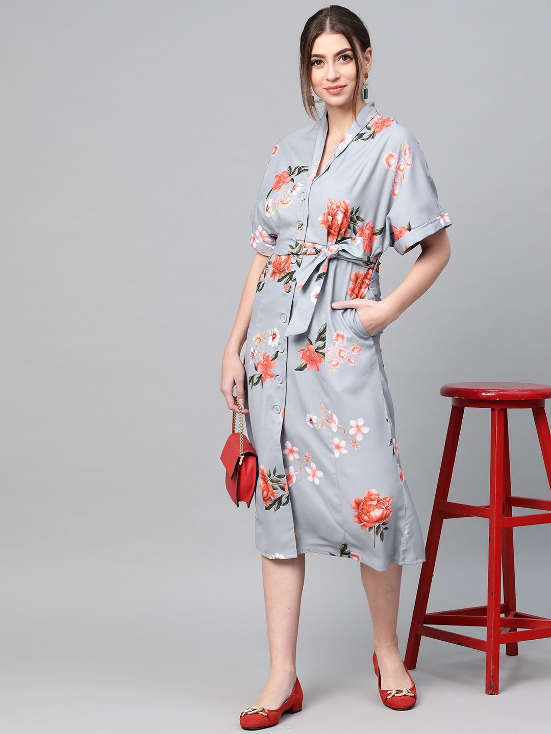 Women's Steel Blue Floral Shirt Dress