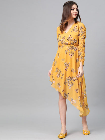 Women's Mustard Floral Wrap Asymmetric Dress