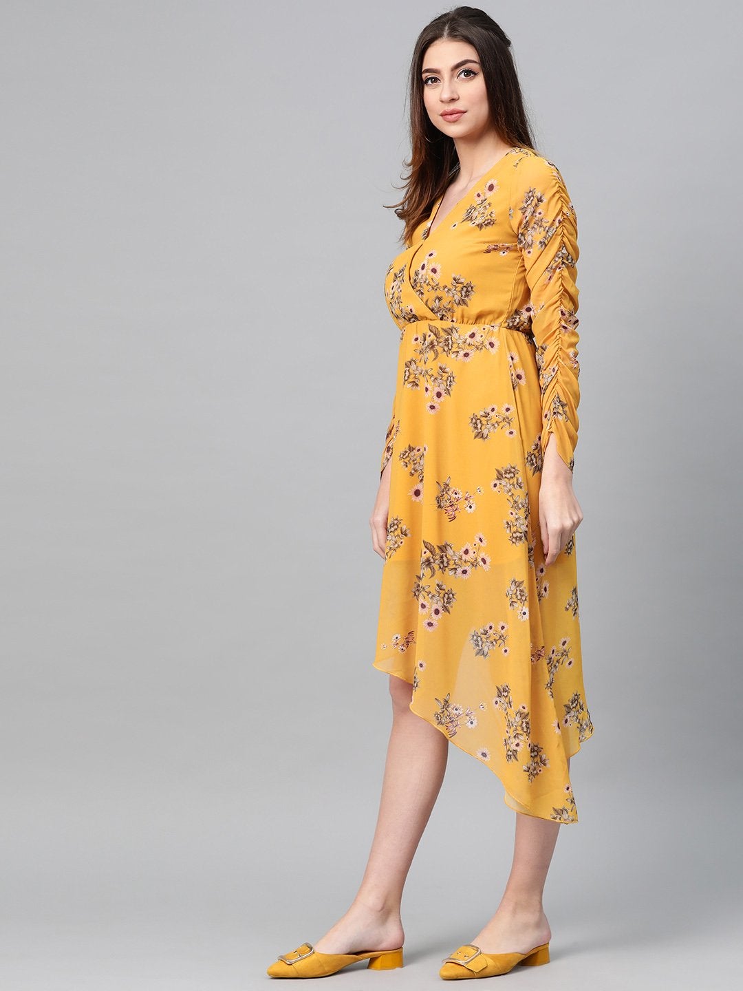 Women's Mustard Floral Wrap Asymmetric Dress