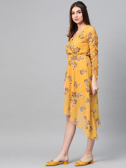 Women's Mustard Floral Wrap Asymmetric Dress