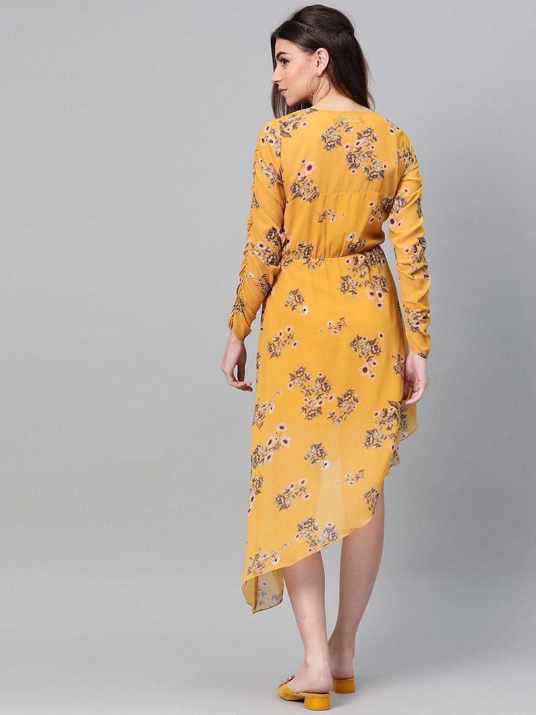 Women's Mustard Floral Wrap Asymmetric Dress