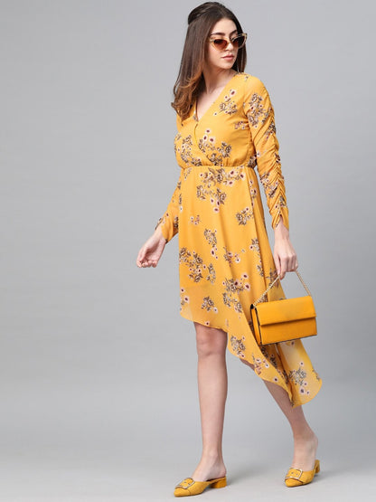 Women's Mustard Floral Wrap Asymmetric Dress