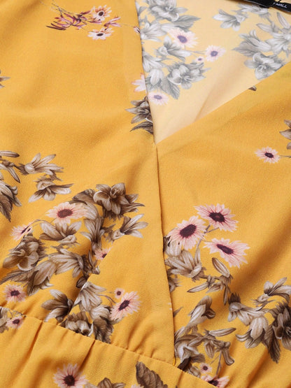 Women's Mustard Floral Wrap Asymmetric Dress