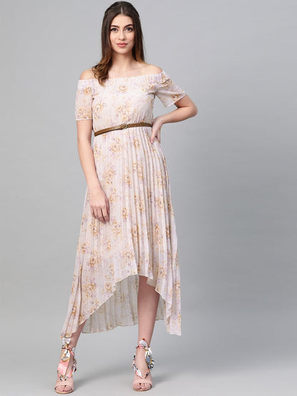 Women's Lavender Floral Off Shoulder High Low Pleated Dress