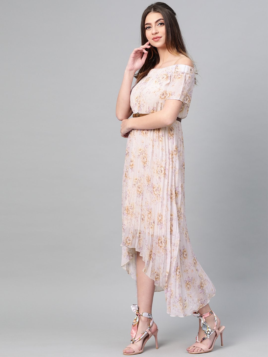 Women's Lavender Floral Off Shoulder High Low Pleated Dress