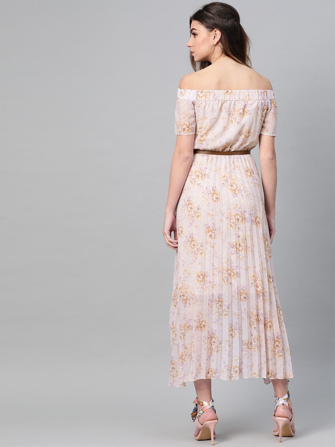 Women's Lavender Floral Off Shoulder High Low Pleated Dress